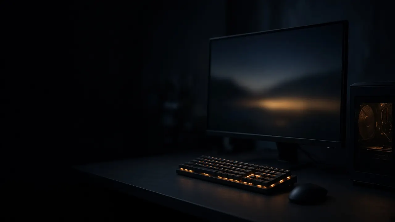 Dark gaming desk used as page art. This is not an Overwatch screenshot.