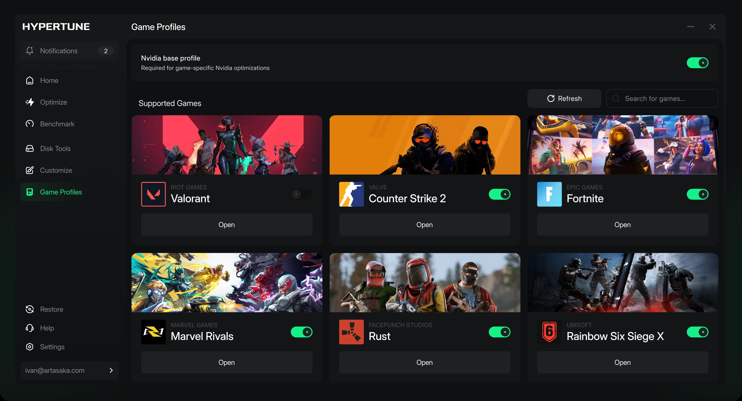 Hypertune Game Profiles screen listing Valorant, Counter-Strike 2, Fortnite, Marvel Rivals, Rust, and Rainbow Six Siege. Overwatch is not in the list.