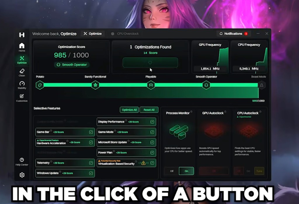 Hypertune Optimize screen, optimization score 985 of 1000, with Game Bar, Game Mode, Power Plan, Telemetry, Process Monitor, GPU Autoclock and CPU Autoclock.